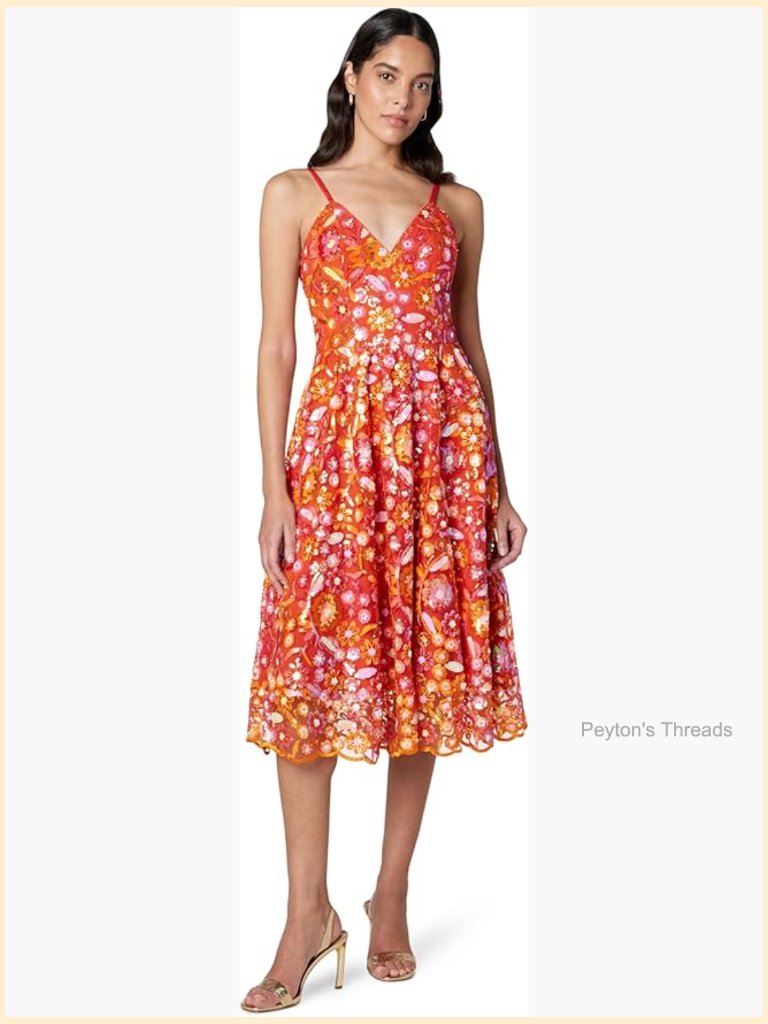 Cocktail Fit And Flare Midi Dress With Embroidered Straps